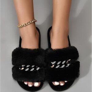 Neiman Marcus Faux Fur Women's Rhinestone Fuzzy Slippers